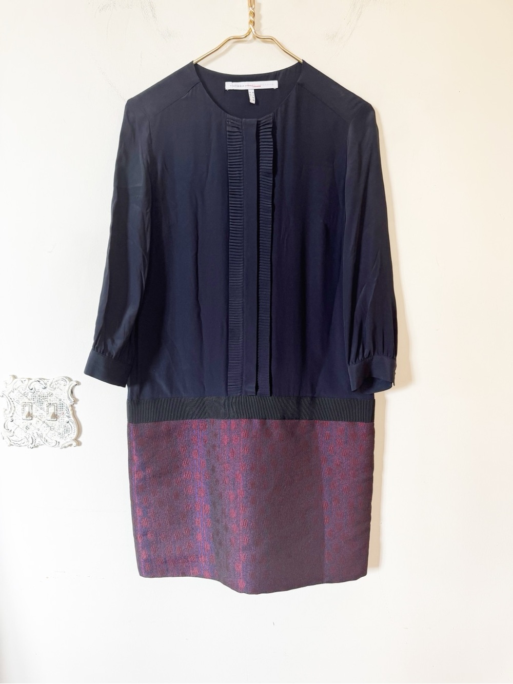 Victoria Beckham Navy Silk and Wool Brocade Drop Waist Mini Dress 4